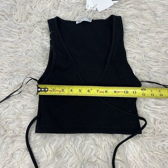Zara Women’s NWT Black Ribbed V-Neck Crop Top Long Tie Up Shirt Sleeveless S/M - Picture 5 of 10